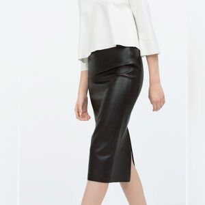 Zara Elegant Black Faux Leather Pencil Skirt / Slit on Back